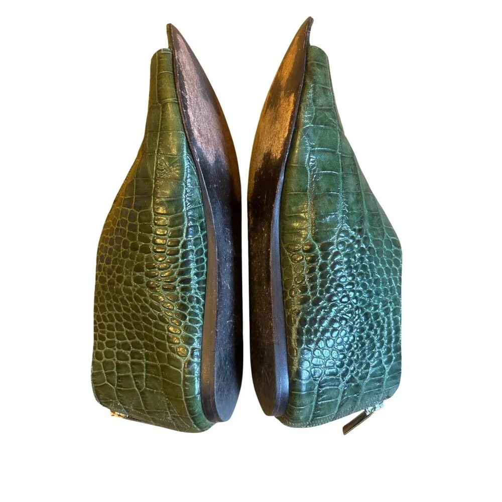 Jenni Kayne‎ Size 7 Leather Embossed Animal Print Flats Zip Forest Green Boho